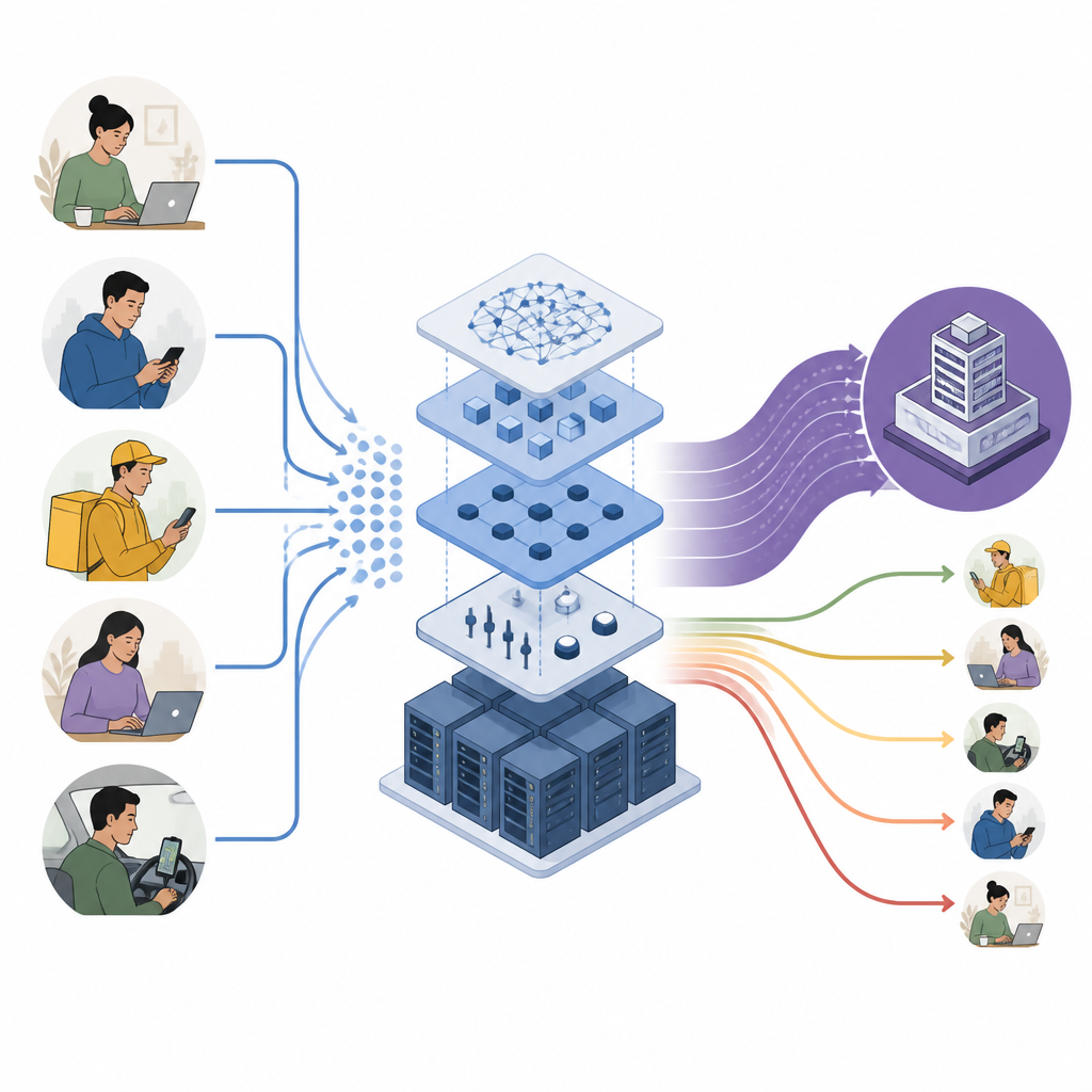 Figure 2. Come lavoratori e utenti delle piattaforme creano valore che i sistemi di IA convogliano in modo che le piattaforme mantengano una quota ampia mentre i lavoratori ne ricevono molto meno.