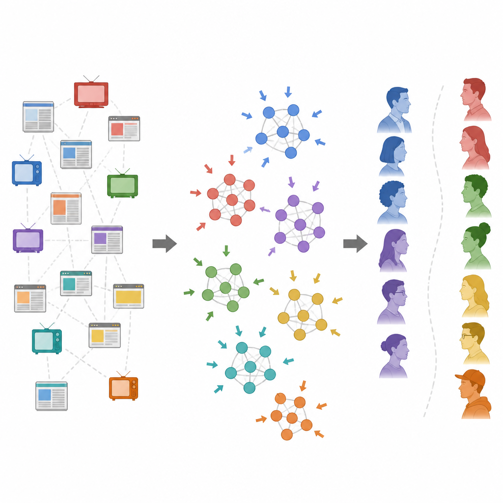 Figure 2. How clustered patterns of news use among similar outlets are linked to people moving toward more extreme political views.