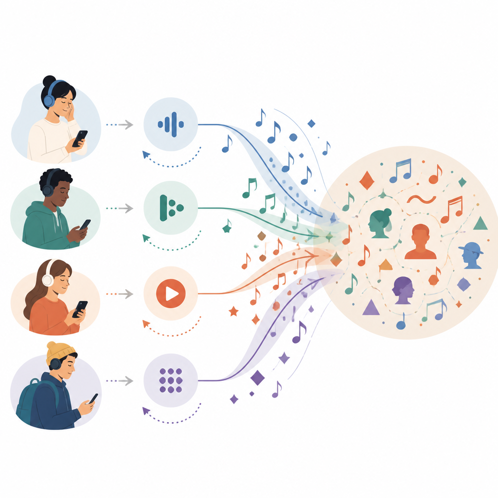 Figure 1. Come le app musicali indirizzano silenziosamente l’ascolto quotidiano riflettendo le abitudini e i gusti culturali degli ascoltatori.