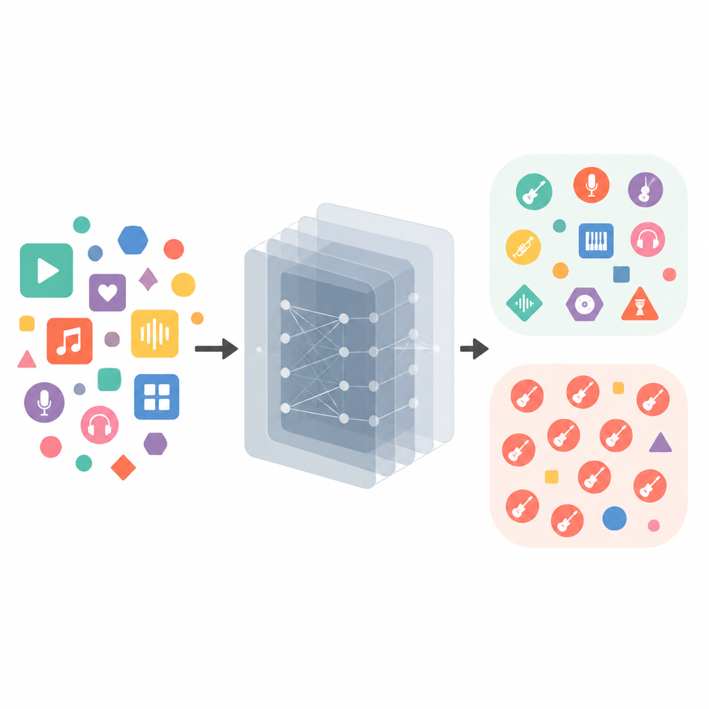 Figure 2. Come algoritmi nascosti trasformano l’attività sulle app in suggerimenti musicali che possono alterare quali artisti e stili vengono ascoltati.