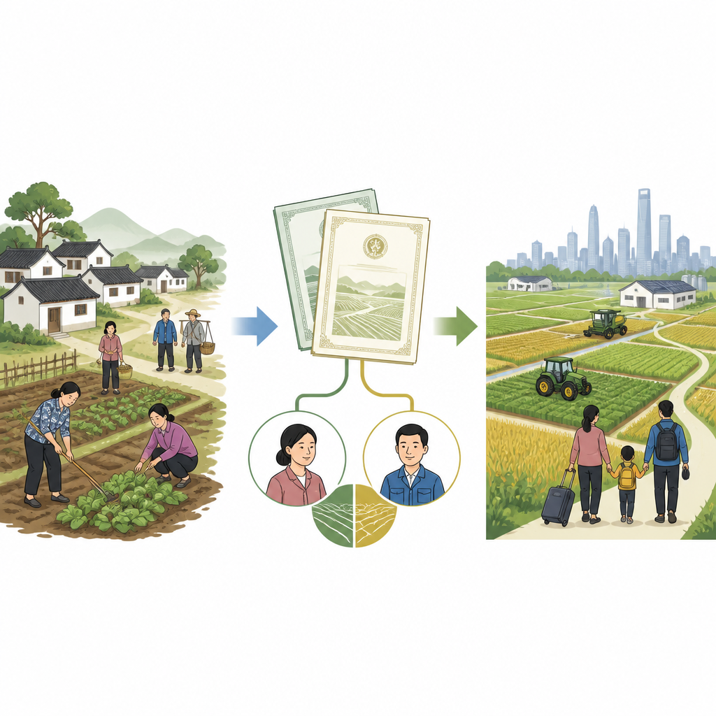 Figure 1. How adding women as official land co-owners changes farm use, investment, and work choices in rural China.