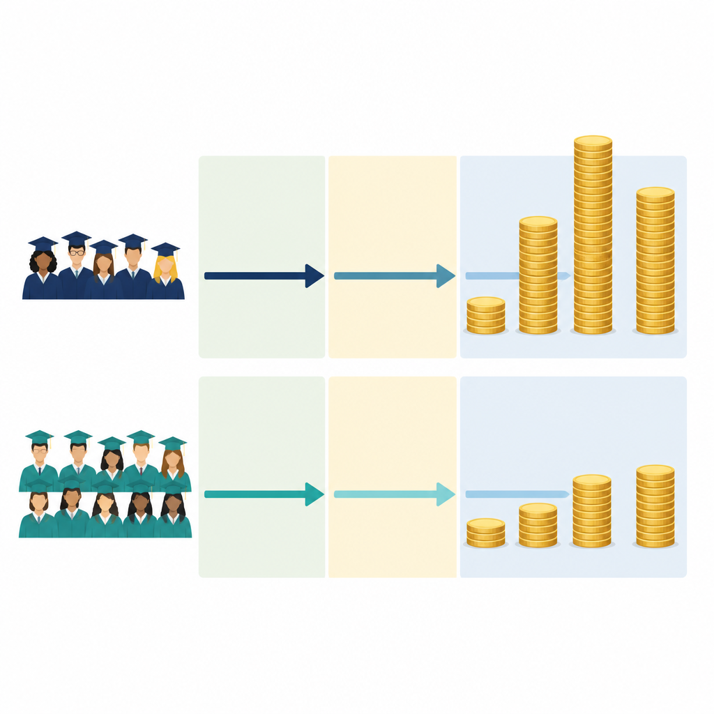 Figure 2. How master’s and doctoral expansion differently affect income gaps, and how strong economies lessen these unequal impacts.