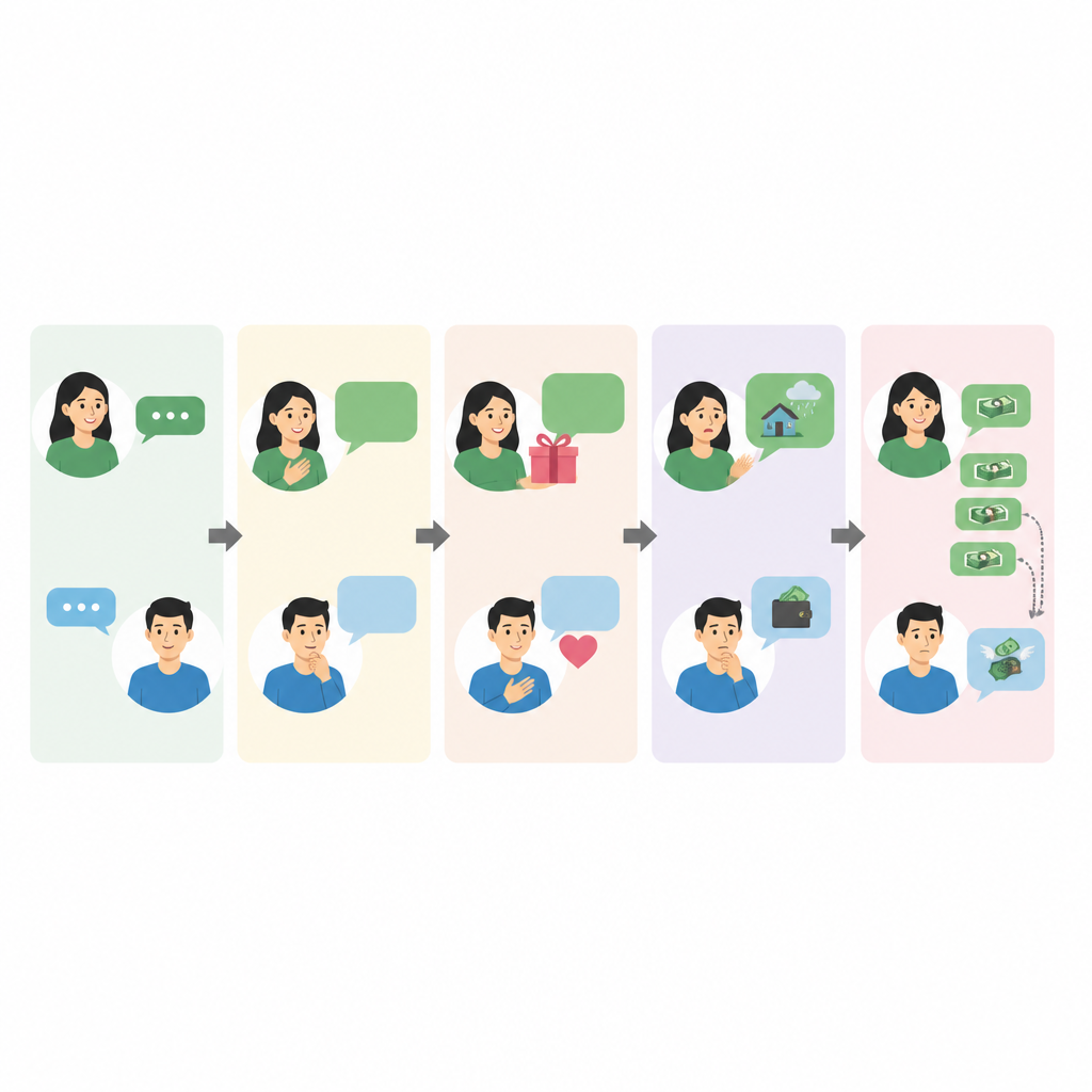 Figure 1. How online scam chats move from friendly small talk to repeated money extraction in five distinct stages.
