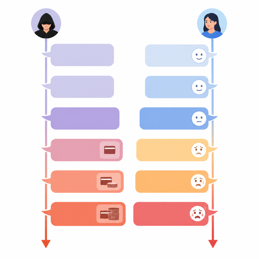 Figure 2. How a scammer’s calm, money-focused messages trigger rising emotional swings in the victim over time.