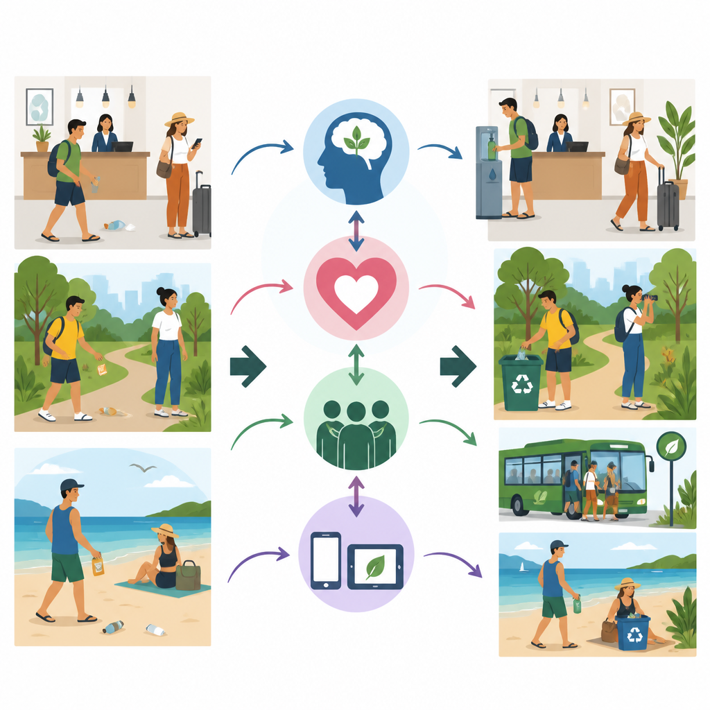Figure 2. Come mentalità, segnali sociali, luoghi e tecnologia interagiscono per trasformare le azioni quotidiane dei turisti in comportamenti più ecologici.