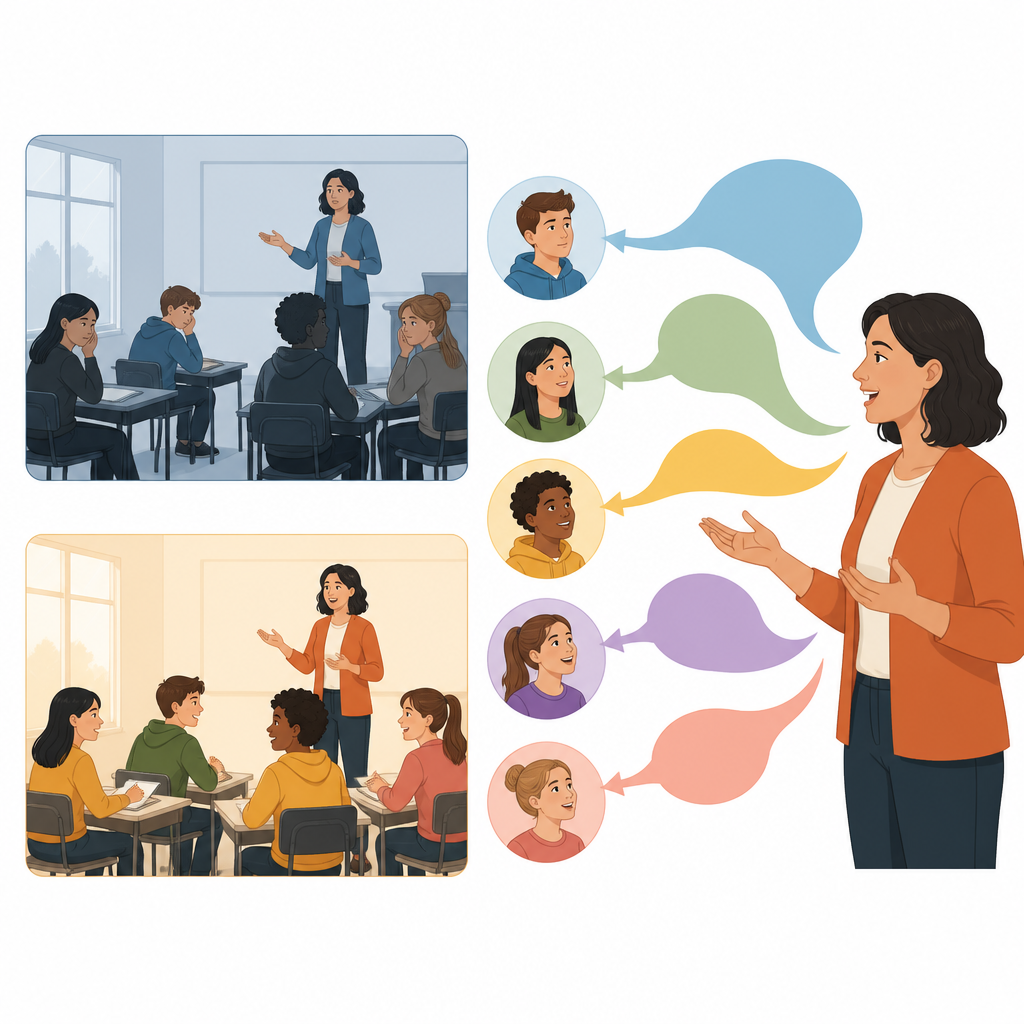 Figure 2. Different ways a teacher speaks shape classroom mood and student engagement, from tense silence to active, happy discussion.