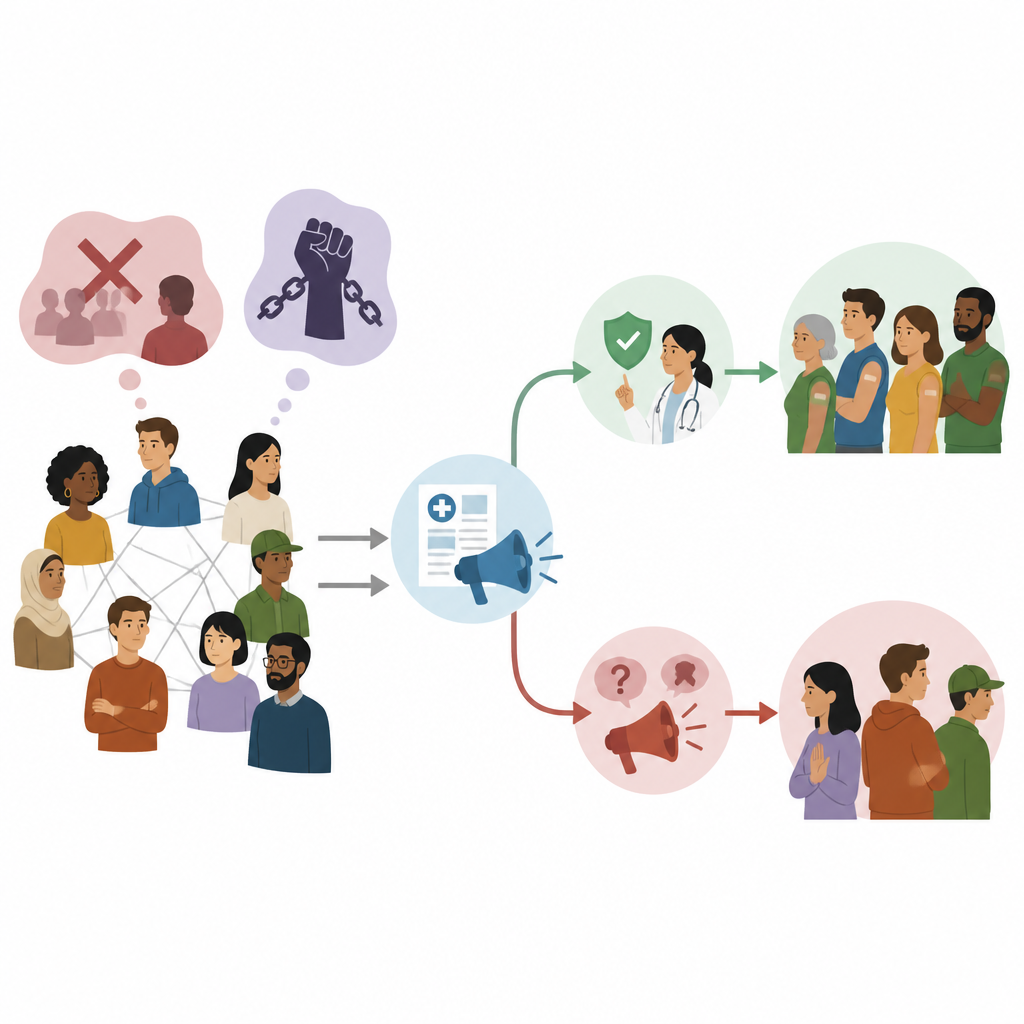 Figure 2. Come i tratti di gruppo convogliano le informazioni sanitarie verso l’accettazione vaccinale oppure verso un’esitazione alimentata dal complottismo.