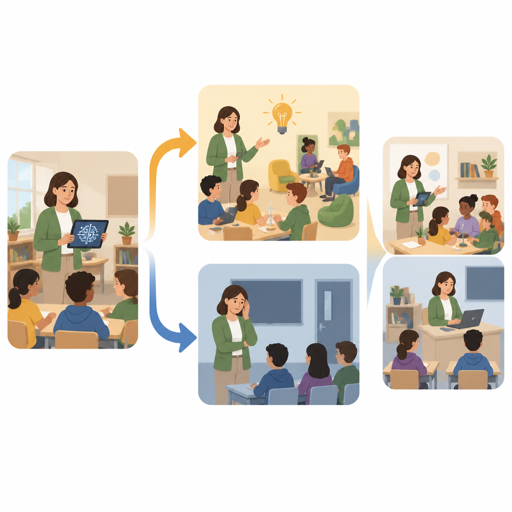 Figure 1. How classroom AI tools can both inspire and worry teachers, leading to mixed changes in teaching style.