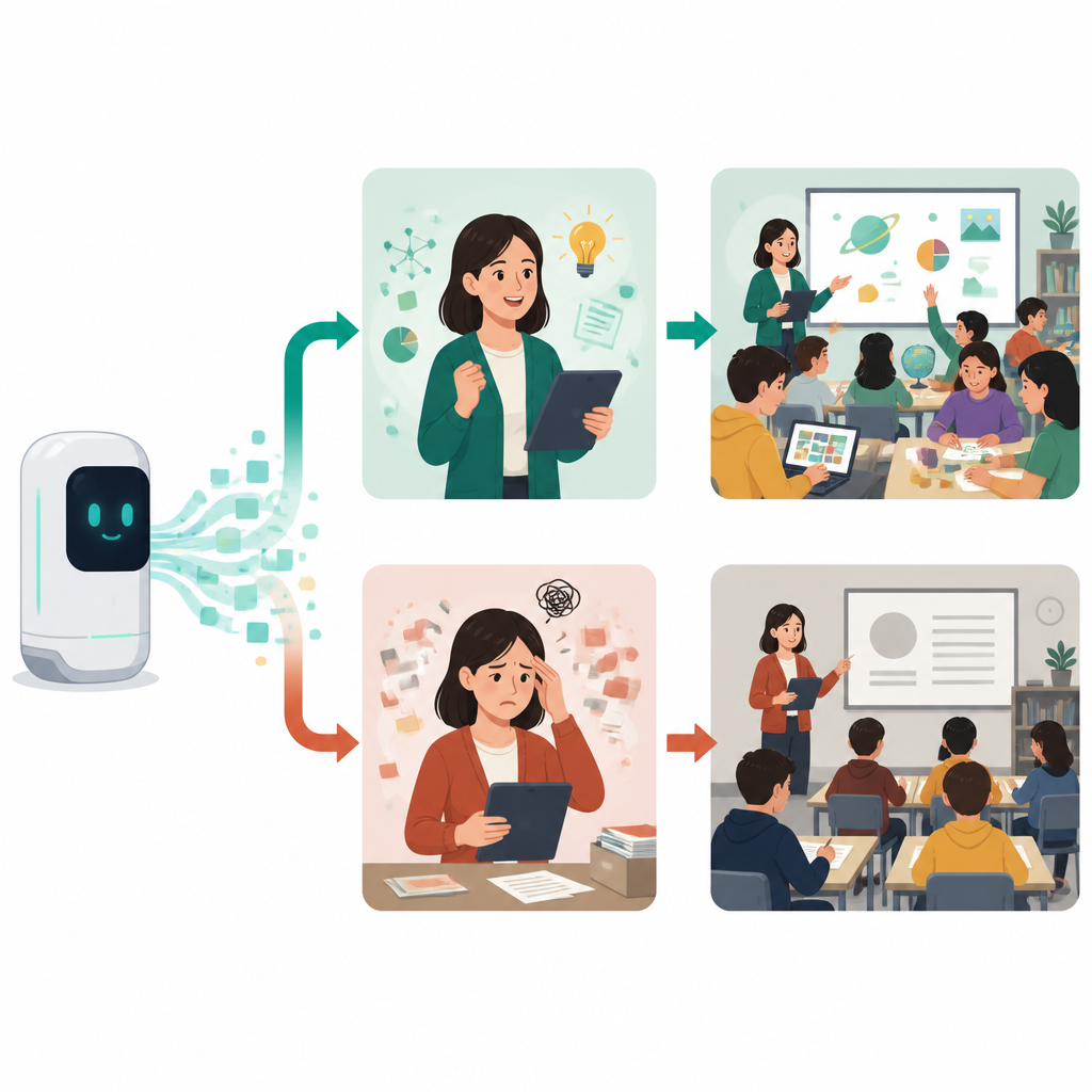 Figure 2. How AI use flows through teacher reactions of opportunity and stress to produce either creative or rigid classroom practice.