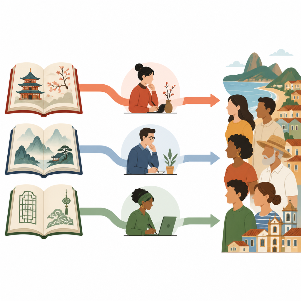 Figure 1. Cómo diferentes caminos de traducción llevan historias y cultura chinas a lectores de habla portuguesa.