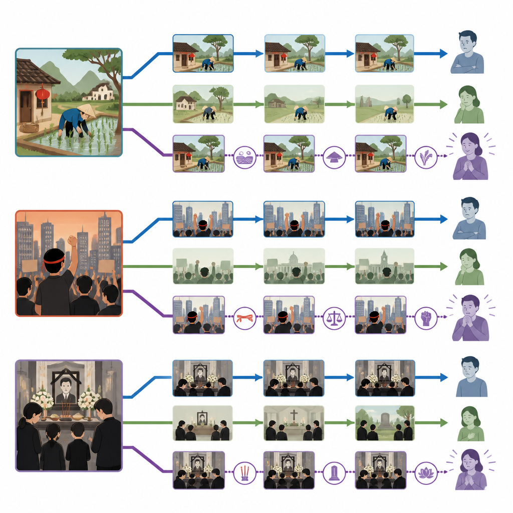Figure 2. Cómo las traducciones literales, adaptadas y anotadas moldean la comprensión y la sensibilidad de los lectores frente a escenas culturales chinas.