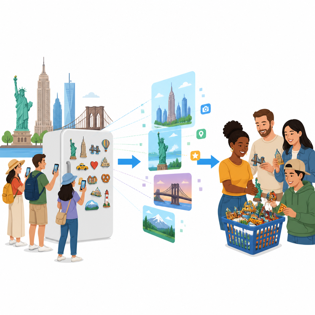 Figure 1. How AR fridge magnets turn travel souvenirs into interactive experiences that encourage people to buy.