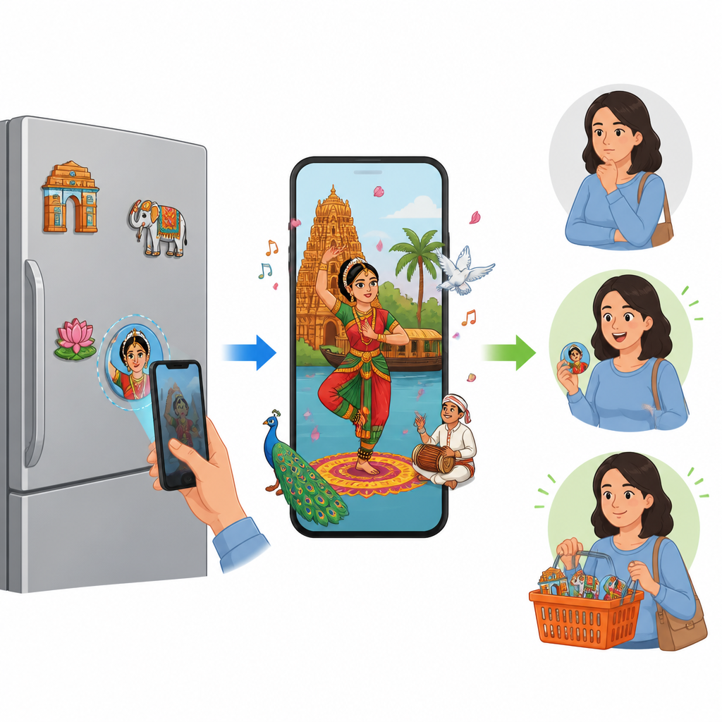 Figure 2. How scanning an AR fridge magnet leads from a basic image to rich scenes and a stronger decision to purchase.