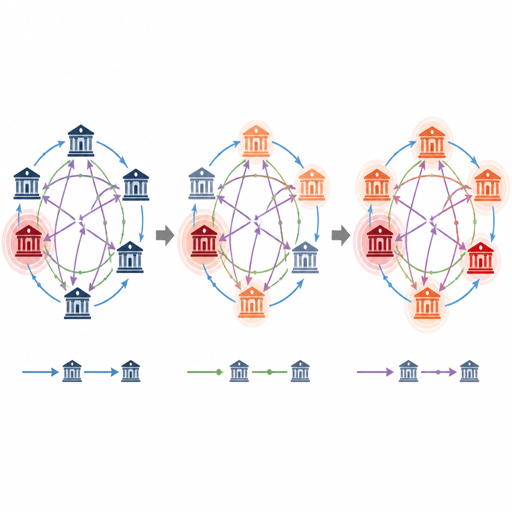 Figure 2. Come gli shock viaggiano attraverso prestiti interbancari, attività condivise e legami di mercato per aumentare lo stress patrimoniale tra le banche.
