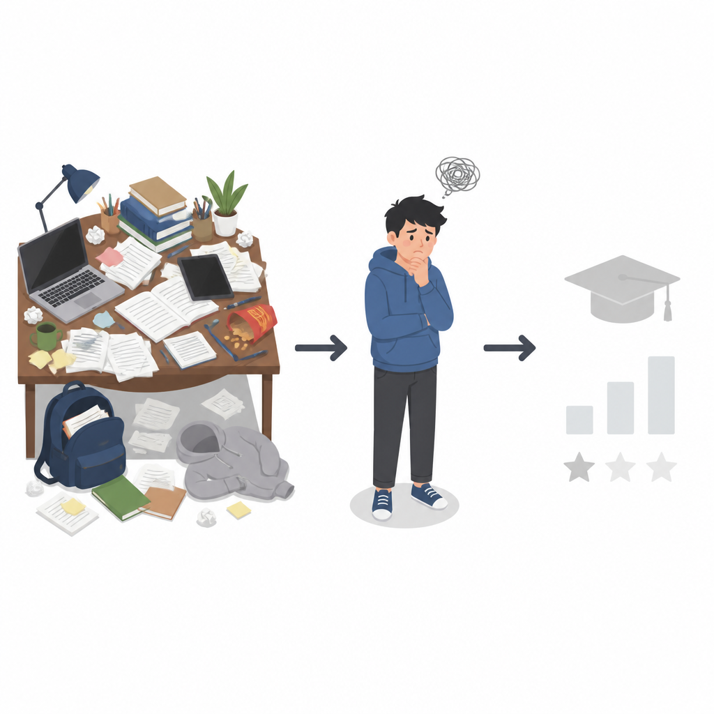 Figure 1. Cómo los hábitos de estudio desordenados y la postergación se combinan para debilitar el éxito académico de los estudiantes