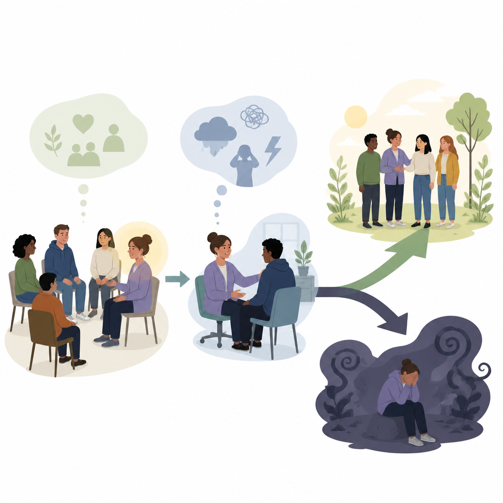 Figure 1. Menschen in der Genesung, die anderen helfen, können sowohl Veränderungen fördern als auch selbst einem Rückfallrisiko ausgesetzt sein.
