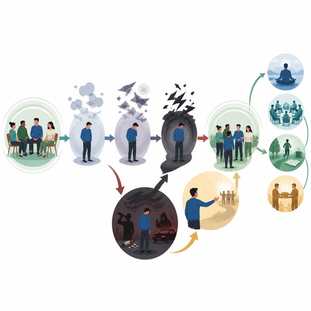 Figure 2. Ein Peer-Begleiter entfernt sich von der Unterstützung, wird rückfällig und baut die Genesung wieder auf, indem er zu grundlegenden täglichen Praktiken zurückkehrt.