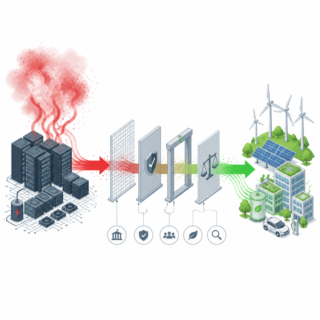 Figure 2. Wie Institutionen energieintensive KI in sauberere Energiesysteme lenken und CO2-Emissionen reduzieren.