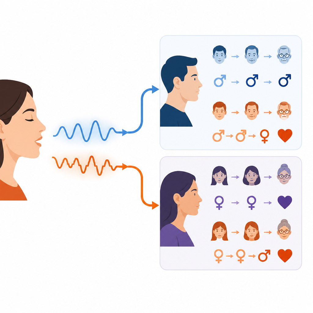 Figure 2. Step by step view of how creaky versus smooth voice leads male and female listeners to different social impressions.