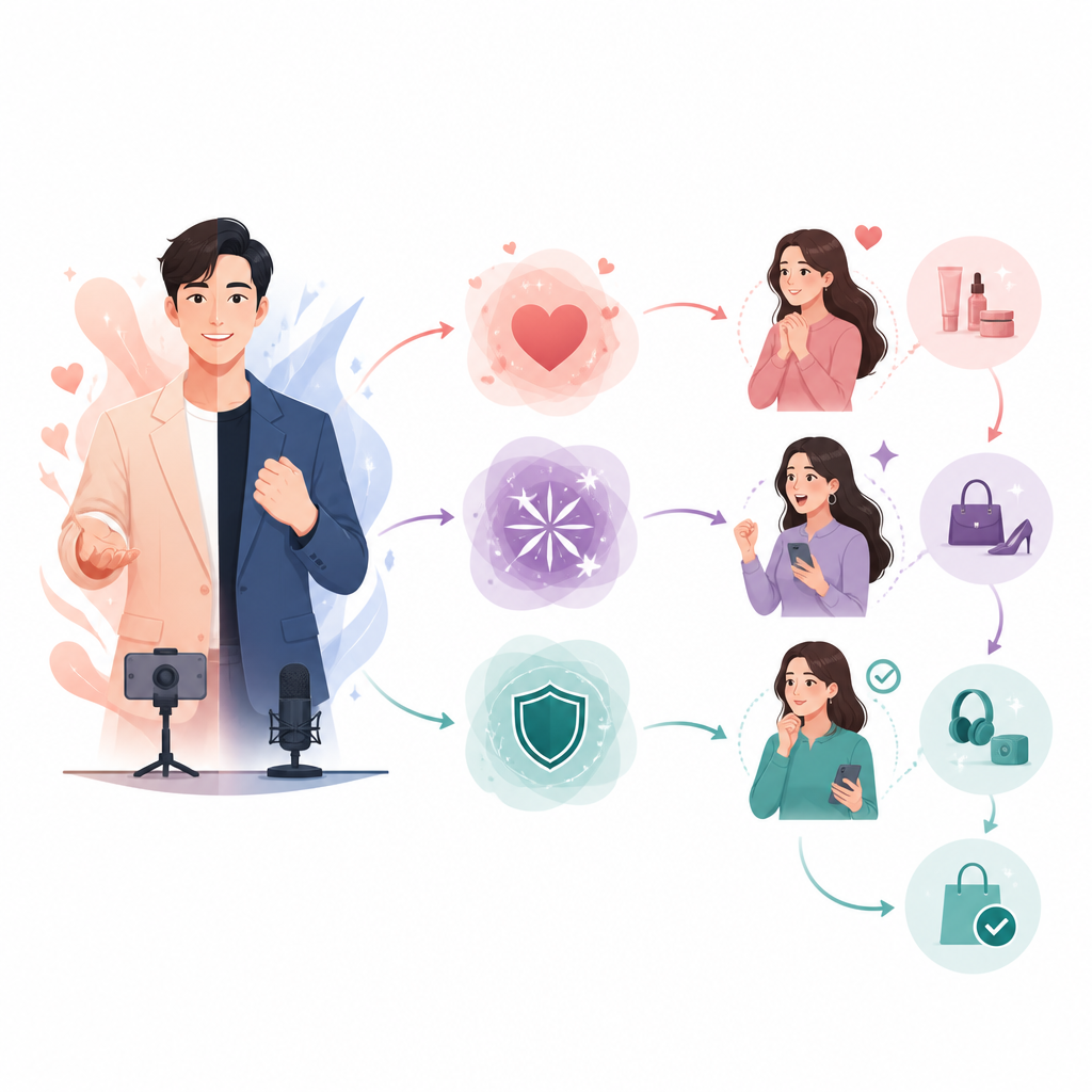 Figure 2. Wie die sanften und starken Eigenschaften eines männlichen Moderators Freude, Erregung und Kontrolle auslösen und weibliche Zuschauerinnen zum Kauf bewegen.