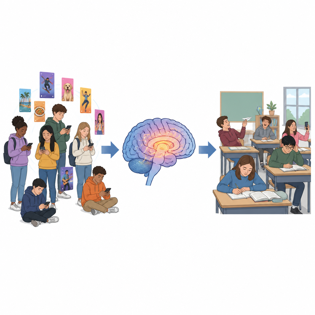 Figure 1. Como a rolagem de vídeos curtos pelos adolescentes, a atenção inquieta e o comportamento escolar se conectam em um quadro de causa e efeito simples.