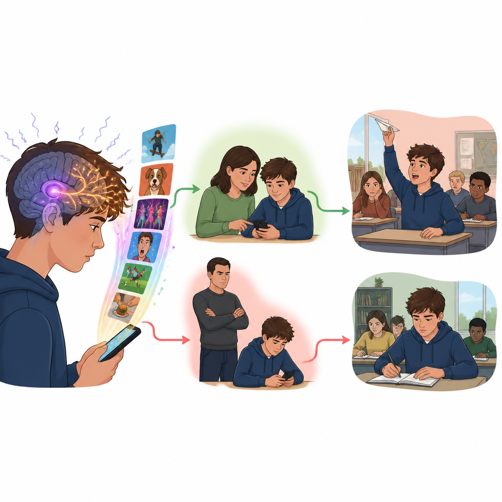 Figure 2. Como diferentes abordagens parentais mudam o caminho do consumo de vídeos curtos e cérebros distraídos para o comportamento em sala de aula.