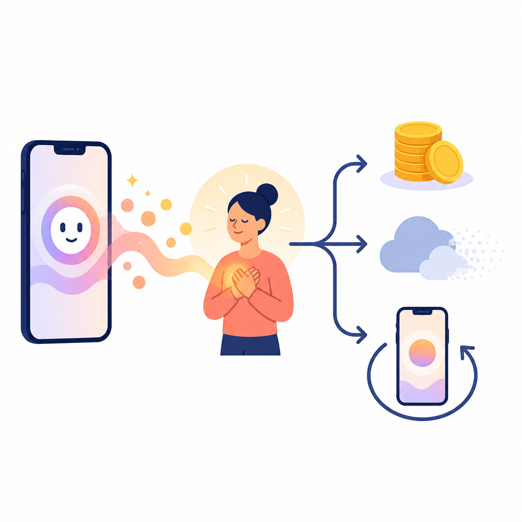 Figure 2. Interazioni IA calorose incrementano sensazioni positive che aumentano il valore percepito, riducono le preoccupazioni e portano a un uso ripetuto degli strumenti finanziari digitali.