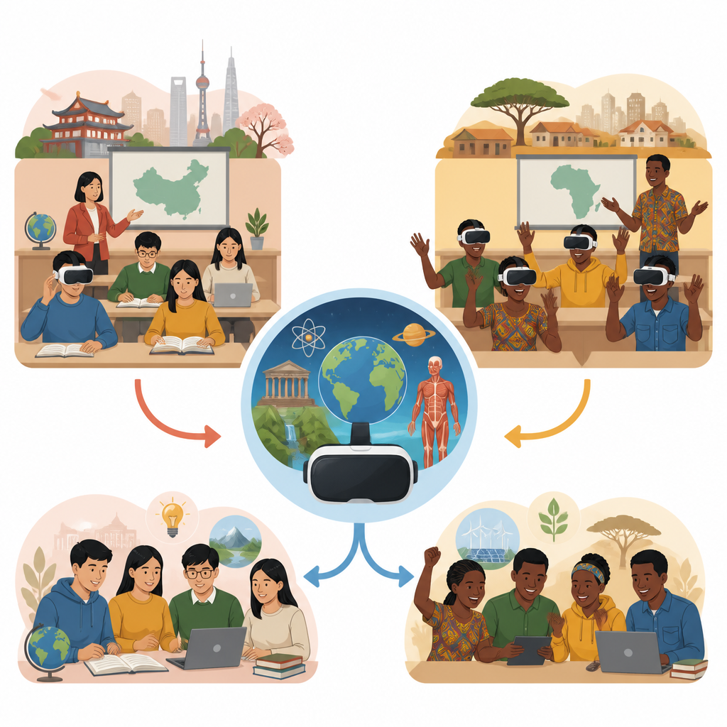 Figure 1. كيف يتبنى المعلمون والطلاب في مناطق مختلفة الواقع الافتراضي في التعليم الجامعي.