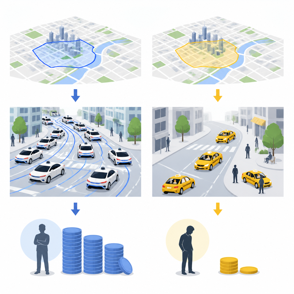 Figure 1. How new driverless taxis in one city zone cut local taxi drivers’ earnings and change their work.