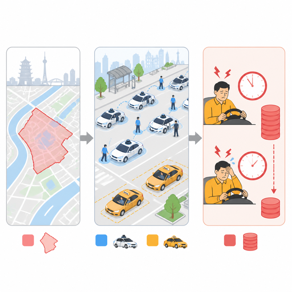 Figure 2. Step by step view of how robotaxis attract riders, leave human taxis idle, and push drivers to work longer for less.